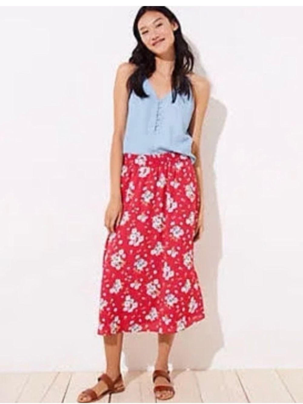 LOFT Women's Red Floral Print Smocked Waist Lined Midi Skirt NWT S